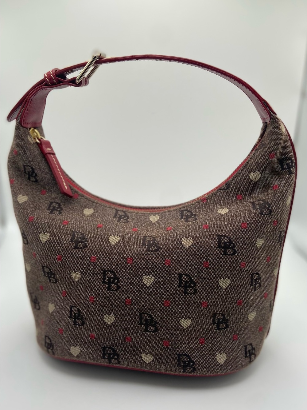 Dooney & Bourke Brown DB Monogram Hearts Hobo Shoulder Bag Red Trim